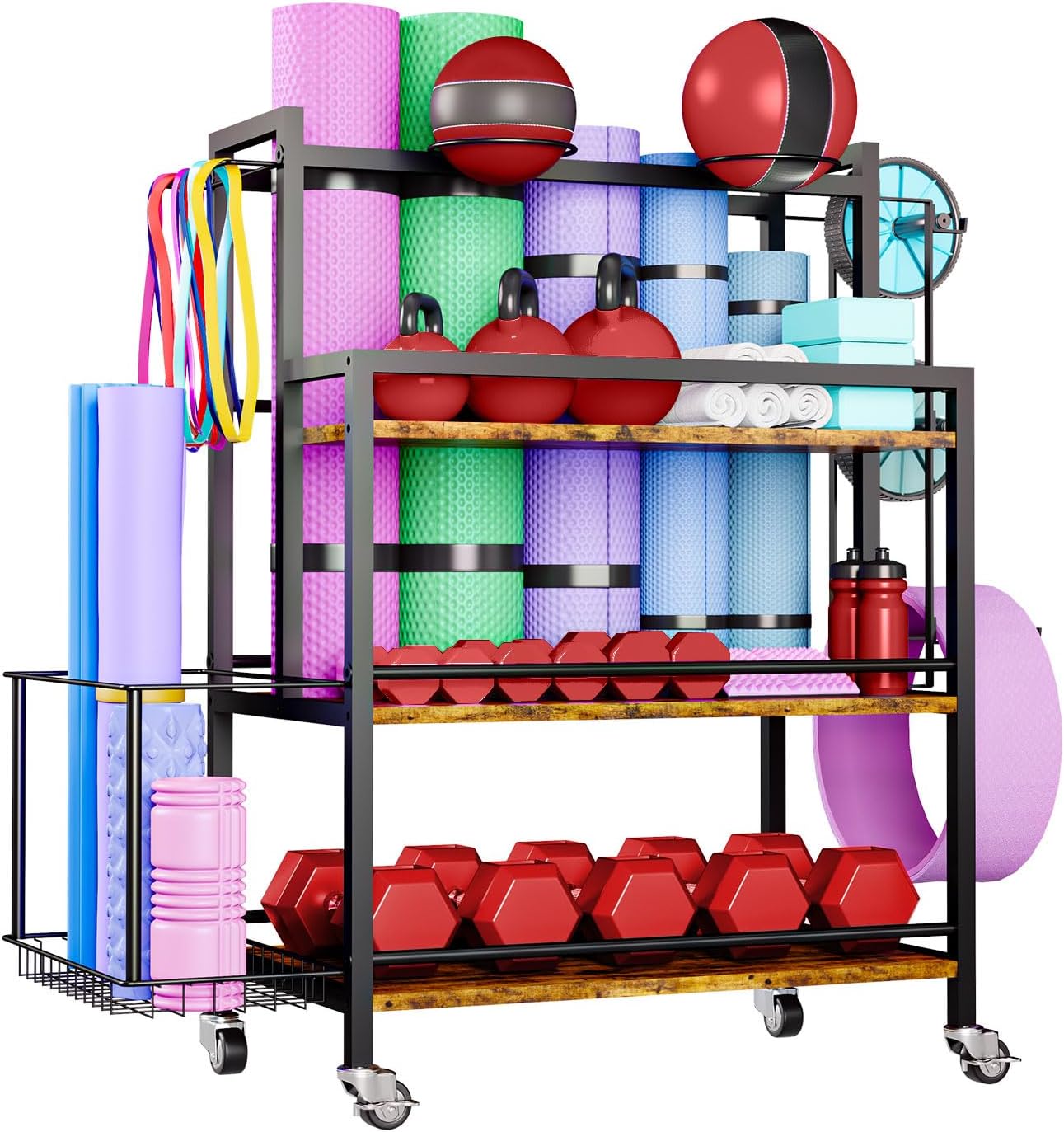 EasyCom Home Gym Storage, 4 Tier Large Capacity Rack for Dumbbells Kettlebells Foam Roller, Yoga Mat Strap and Resistance Bands, Exercise/Workout Equipment Storage Gym Organizer With Hooks and Wheels