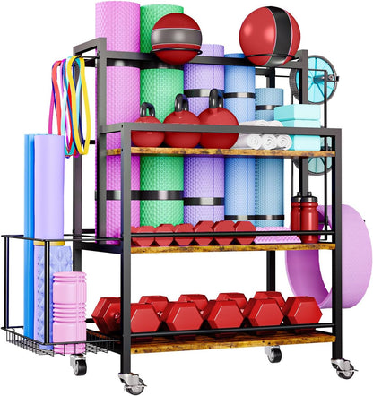 EasyCom Home Gym Storage, 4 Tier Large Capacity Rack for Dumbbells Kettlebells Foam Roller, Yoga Mat Strap and Resistance Bands, Exercise/Workout Equipment Storage Gym Organizer With Hooks and Wheels
