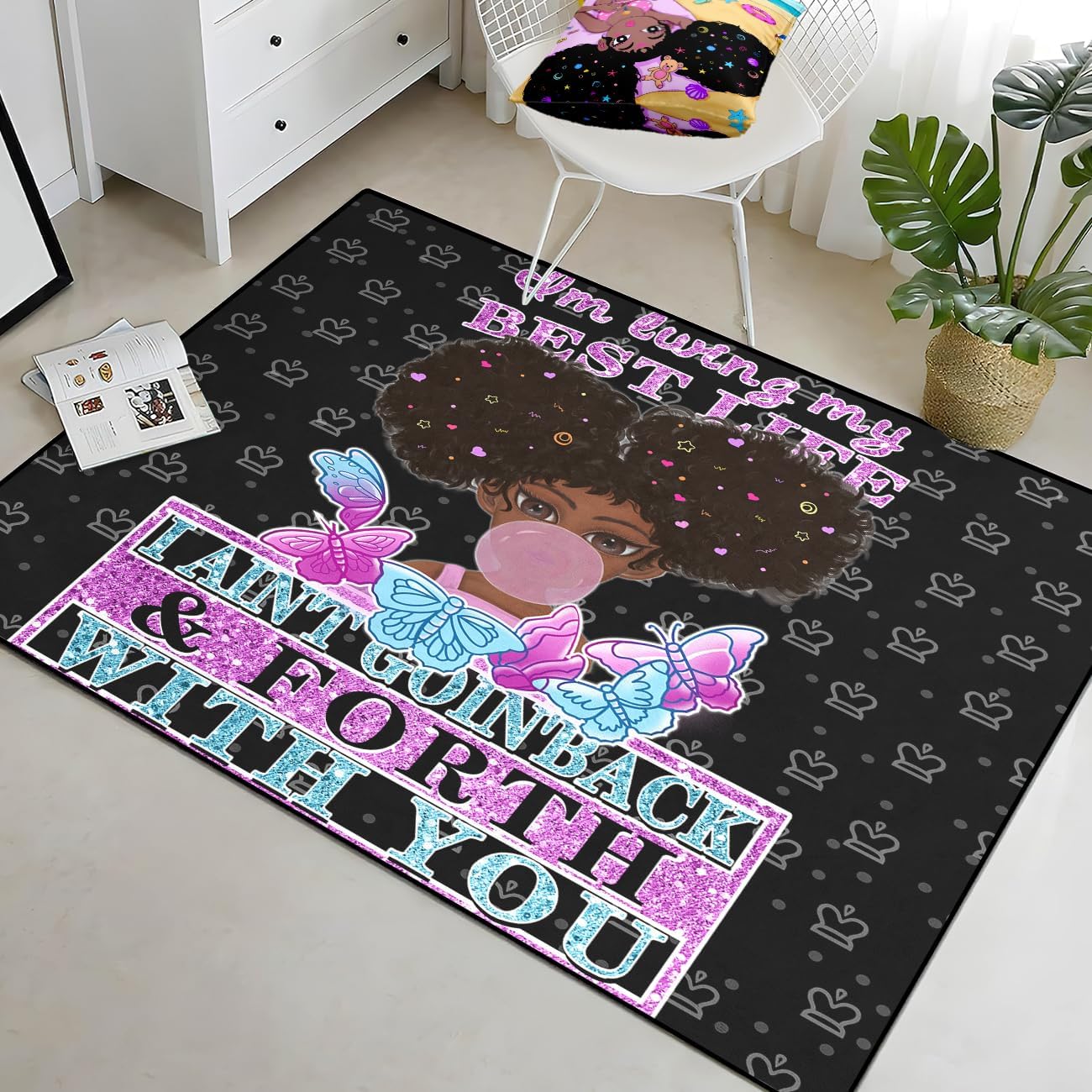 Black Girl Area Rug for Bedroom African Black Girls Floor Rugs for Living Room Playroom Cartoon Art Home Decor Soft Yoga Mats for Women Afro Purple 47" x 31" (2.7 x 3 Feet)