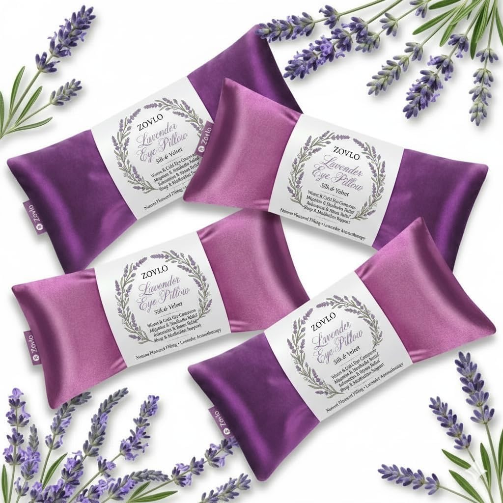 Lavender Eye Pillow for Relaxation, Yoga, Sleeping, Weighted Eye Mask Heated for Headache, Sinus, Dry Eye Relief, Moist Heat Eyes Compress, Meditation Accessories with Aromatherapy, Pack of 4