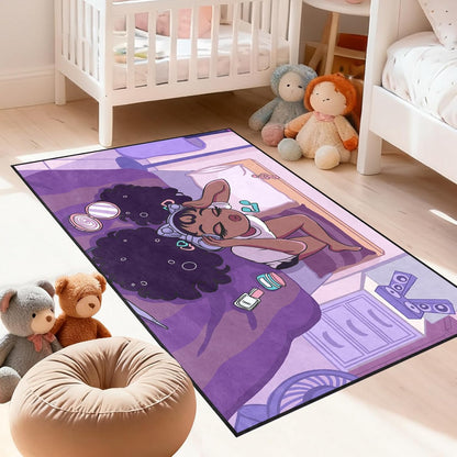 Black Girl Area Rug for Bedroom African Black Girls Floor Rugs for Living Room Playroom Cartoon Art Home Decor Soft Yoga Mats for Women Afro Purple 47" x 31" (2.7 x 3 Feet)