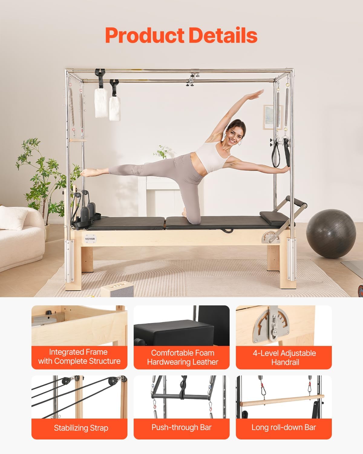 VEVOR Pilates Reformer, Reformer Pilates Machine with Cadillac Trapeze Table or Tower & Mat, Pilates Equipment for Home Workout and Studio, Includes Jump Board，Sitting Box