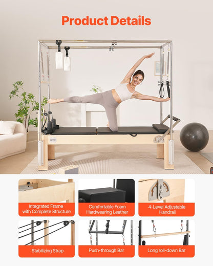 VEVOR Pilates Reformer, Reformer Pilates Machine with Cadillac Trapeze Table or Tower & Mat, Pilates Equipment for Home Workout and Studio, Includes Jump Board，Sitting Box
