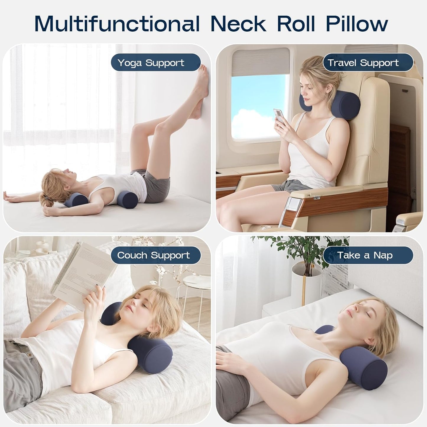 Neck Roll Pillow, Memory Foam Neck Support Pillows, Round Neck Pillows, Cylinder Bolster Pillows for Bed, Couch, and Yoga, Removable Washable Cover,18 * 4.1 * 4.1inch (Cool-Blue)