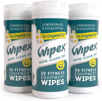 Wipex Fitness Equipment Wipes - EWG Verified - 50 Ct Original Natural Plant Based Gym Wipes for Equipment, Clean Surfaces at Home or Gym, Use as a Yoga Mat Cleaner, Lemongrass, Eucalyptus & Vinegar