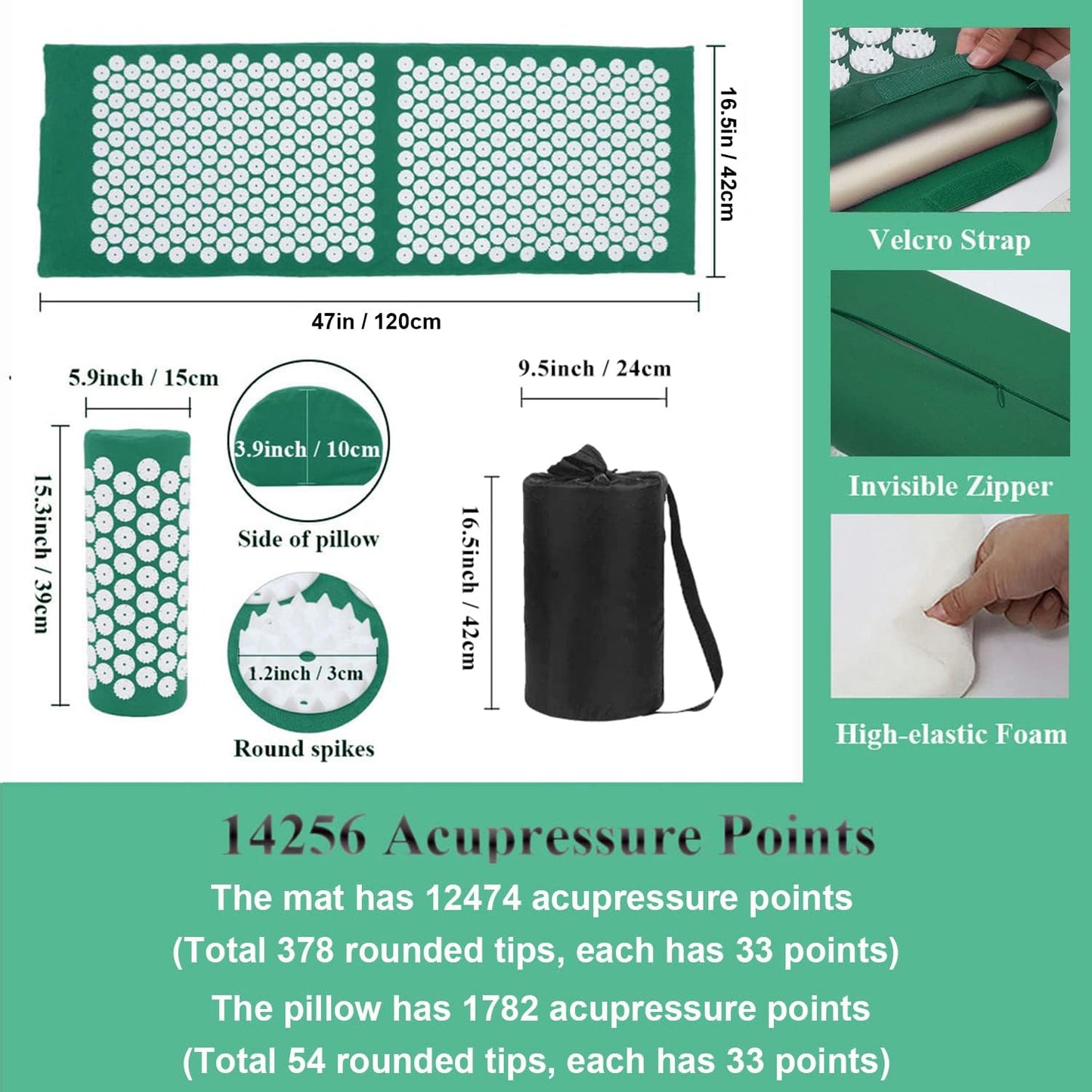 XiaoMaGe Acupressure Mat and Pillow Set with Bag - Large Size 28.7 X 16.5 inch Acupuncture Mat for Neck & Back Pain, Muscle Relaxation Stress Relief, Sciatica Pain Relief Pillow (Black)