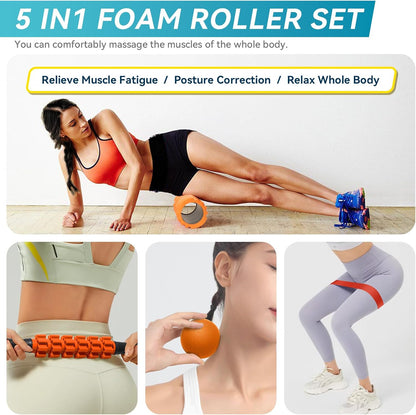 Krightlink 5-in-1 Foam Roller Set - Deep Tissue Muscle Recovery Kit with High Density Exercise Roller, Massage Ball, Resistance Band & Carry Bag for Physical Therapy & Pain Relief (Black)