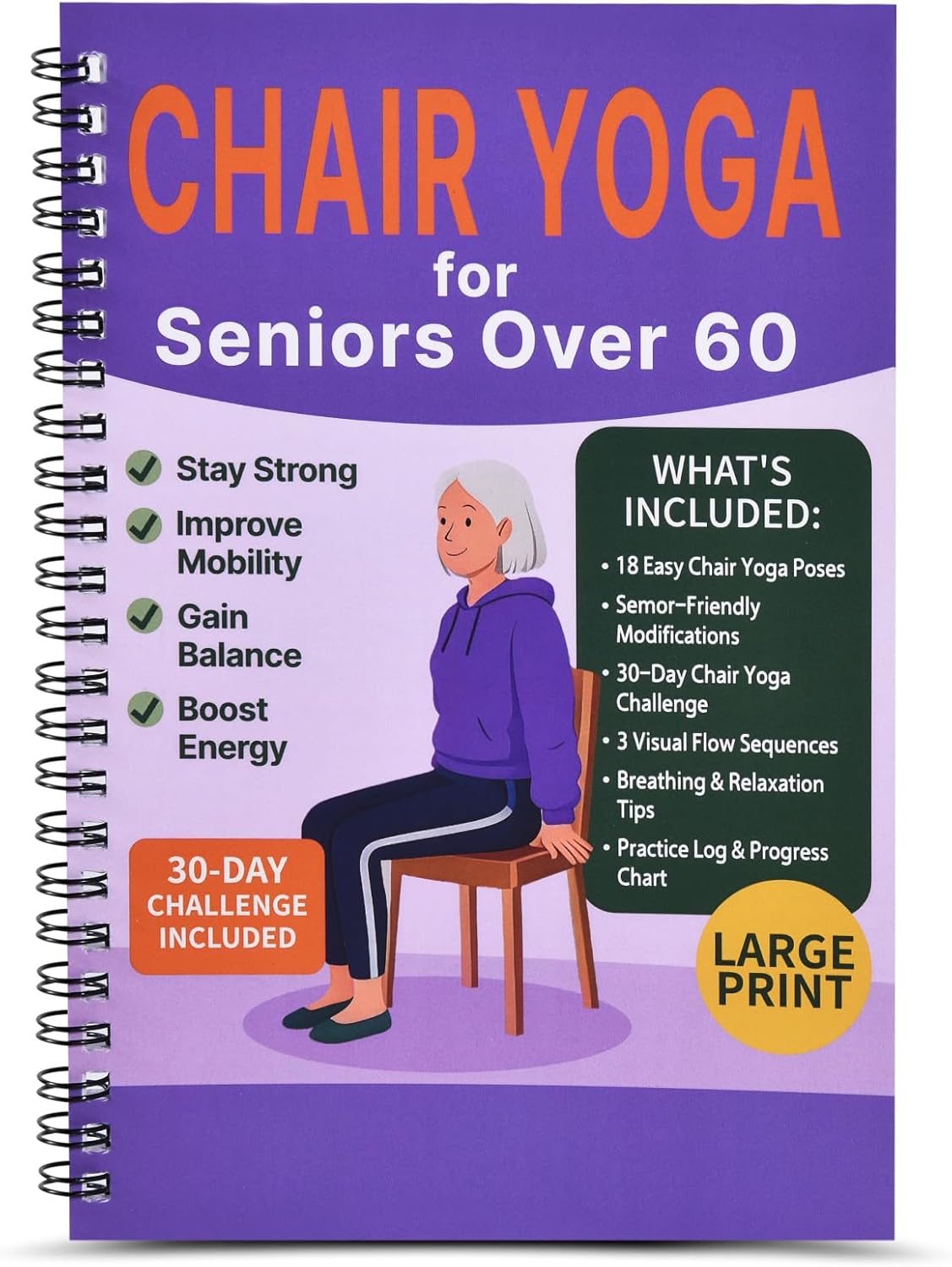 Chair Yoga for Seniors Over 60 Book & Chart – 30-Day Challenge, Gentle Seated Yoga Guide, Chair Yoga for Weight Loss & Flexibility, Senior Chair Exercises for Women & Men，Top Choice for Family Gifts (Purple)