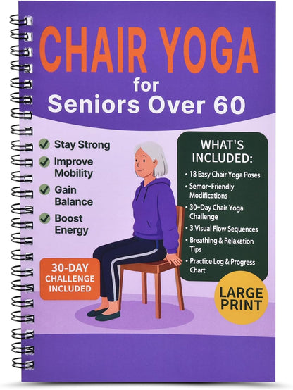 Chair Yoga for Seniors Over 60 Book & Chart – 30-Day Challenge, Gentle Seated Yoga Guide, Chair Yoga for Weight Loss & Flexibility, Senior Chair Exercises for Women & Men，Top Choice for Family Gifts (Purple)