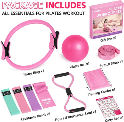 WALITO Home Pilates Kit for Women,Pilates Ring Set with Magic Circle,Resistance Bands,Figure 8 Workout Bands,Mini Ball, Compact Toning Fitness Essentials Starter Set Accessories Gift