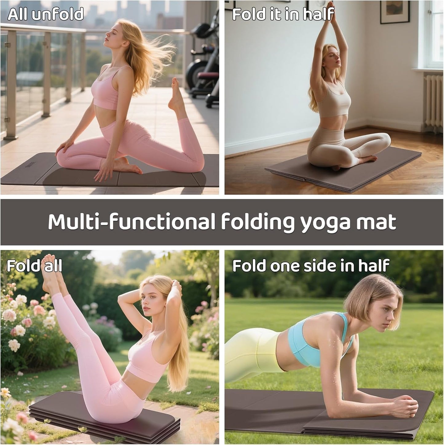 Foldable Yoga Mat Exercise Mat for Home Workout, Comfortable and Durable, 8mm Thick Portable Folding Mat, Non-Slip, Pilates Mat Thick, Outdoor Use, Meditation, Travel, Camping (71"x24" x 0.3") (Milk Coffee + Black) (Brown+Black)