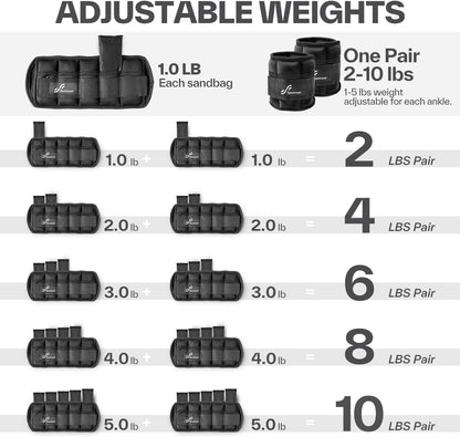 Sportneer Adjustable Ankle Weights Set - 1 Pair (2-10 lbs) Removable Sandbags for Women & Men, Comfortable Neoprene Leg Weights for Walking, Running, Pilates, Yoga, Home Workout & Physical Therapy