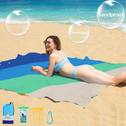 BYDOLL Beach Blanket Waterproof Sandproof Large Sand Free,78''X81''/10'X9' Oversized Sandless Lightweight Blanket Picnic Mat for Beach Travel Camping Hiking with Stakes
