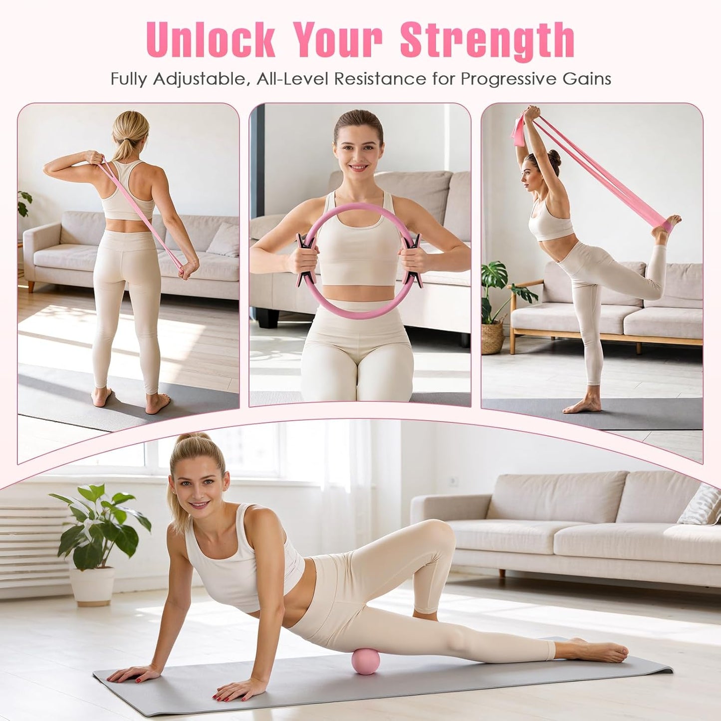 Pilates Kit, Pilates Equipment for Home Workouts, Home Pilates Essentials Kit for Women with Pilates Ring and Ball Set, Socks, Ankle Resistance Bands with Cuffs, Resistance Band and Massage Ball