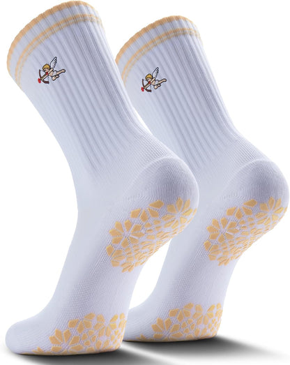 Pilates Grip Socks for Women - Embroidery Athletic Crew, Non-Skid Sticky Soles for Yoga, Barre, Workout & Hospital