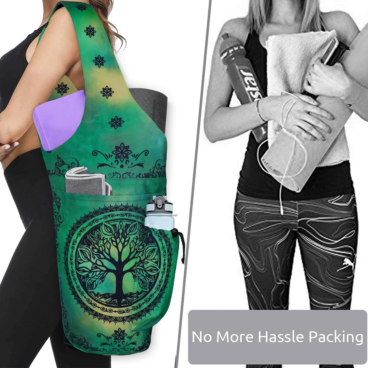 Yoga Mat Bag - Large Opening Long Tote Yoga Mat Carrier Holder Bag with Waterproof Wet Zipper Pocket and Drawstring Water Bottle Pocket - Yoga Bag Fit Most Size Mats