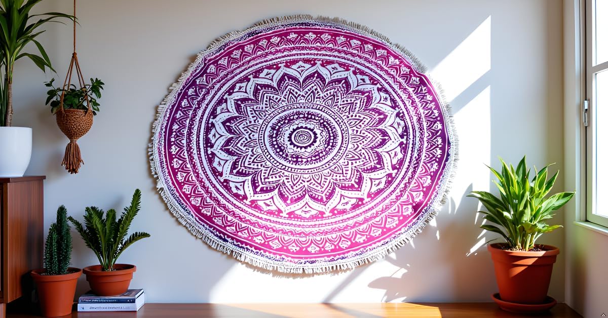 Mandala Round Beach Tapestry Boho Hippie Blanket Bohemian Large Table Cloth Home Decor Yoga Mat Meditation Picnic Rug Throw Hippy Gypsy Tablecloth Roundie (42 Inches, Orange And Blue)
