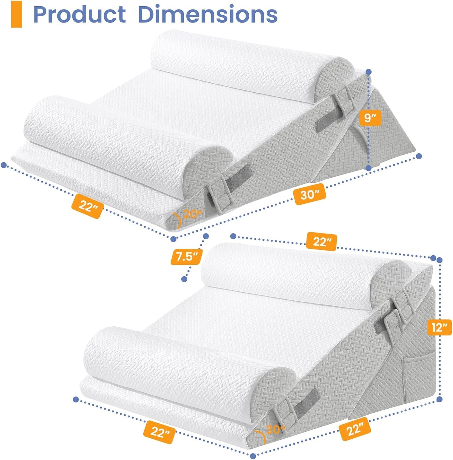 Sasttie Wedge Pillow Set for After Surgery, 2PCS Adjustable Bed Wedge Pillow Headboard with Memory Foam Neck Cushion – for Acid Reflux, Sleeping, Neck & Back Support, Dark Grey