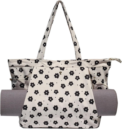 ESVAN Corduroy Yoga Tote Bag Gifts for Women Drawstring Yoga Mat Bag for Office Workout Travel Carryall Pilates Gym