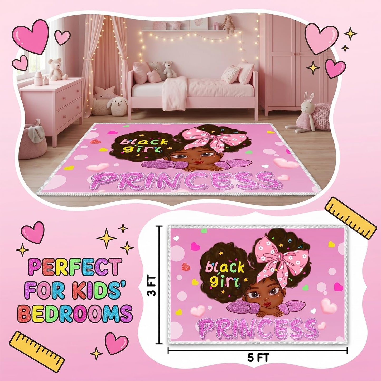 Black Girl Area Rug for Bedroom African American Rugs for Room Princess Carpet Kids Rugs for Bedroom African Girls Carpet for Living Room Teen Girls Yoga Mats, Pink, 4'×5'
