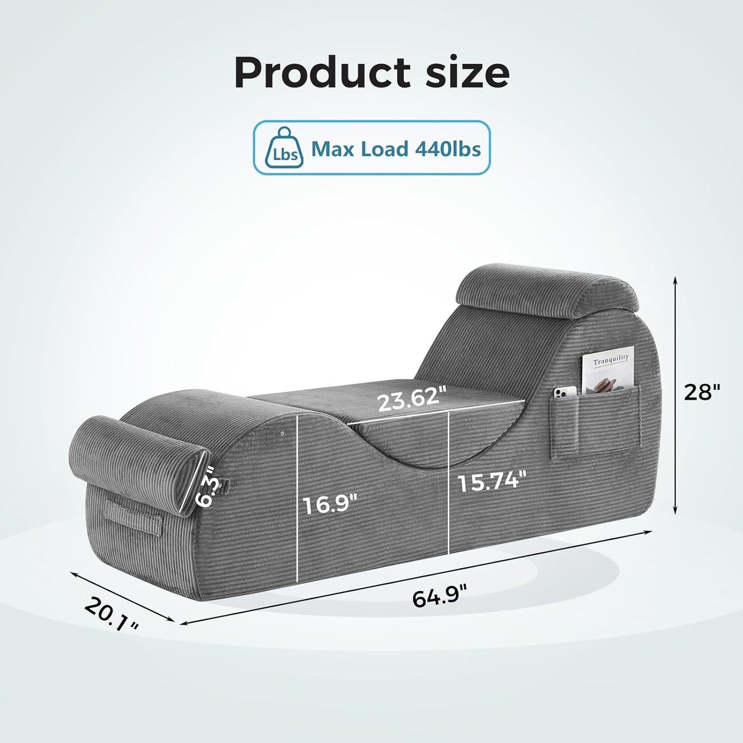 Yoga Chairs for Adults, Ergonomic Chaise Lounge Chair Indoor with Side Pocket, Lumbar Pillow, Ottoman, Yoga Chair Perfect for Stretching, Relaxation, Exercise, Used in Bedroom, Living Room（Grey）