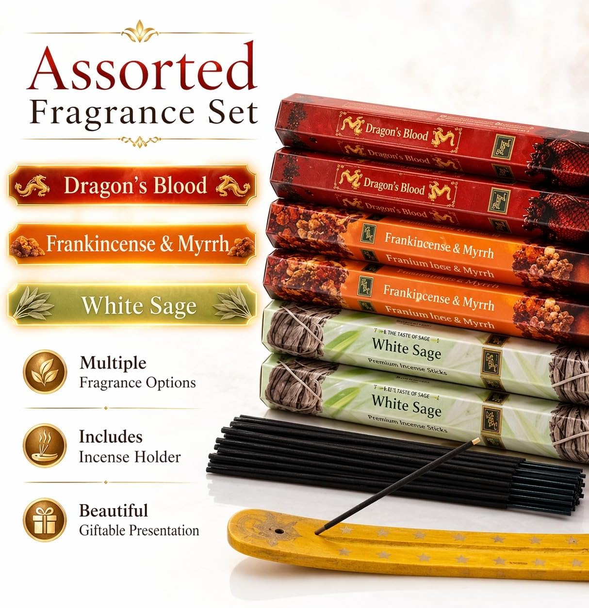 Incense Sticks Variety Pack | Dragon’s Blood, Frankincense & Myrrh & White Sage -120 Sticks | with Free Wooden Holder | Smudging Kit for Home Fragrance, Meditation & Yoga | Krishnascents