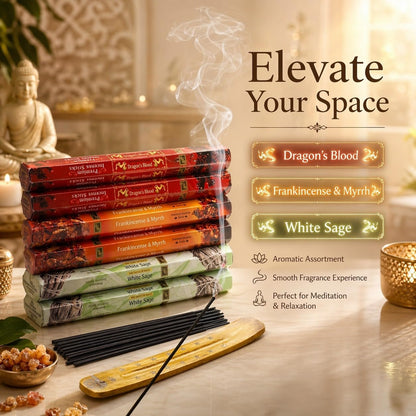 Incense Sticks Variety Pack | Dragon’s Blood, Frankincense & Myrrh & White Sage -120 Sticks | with Free Wooden Holder | Smudging Kit for Home Fragrance, Meditation & Yoga | Krishnascents