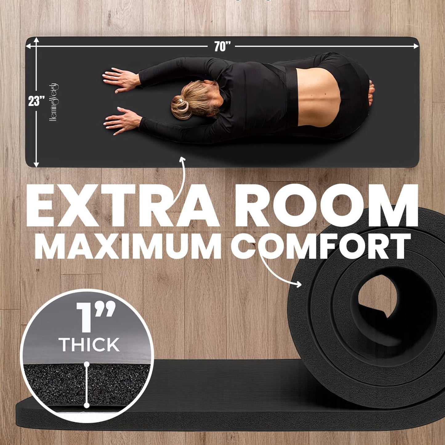 HemingWeigh 1 Inch Extra Thick Non Slip Yoga Mat - Exercise Mats for Home Workouts, Black (70"L x 23"W)
