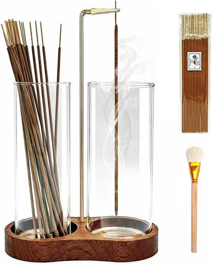 Ceremony Incense Holder, Wooden Incense Holder for Sticks with Glass Ash Catcher, Anti-ash Incense Burner with 20 Incense Sticks and a Ash Brush for Meditation Yoga Spa Room Decor