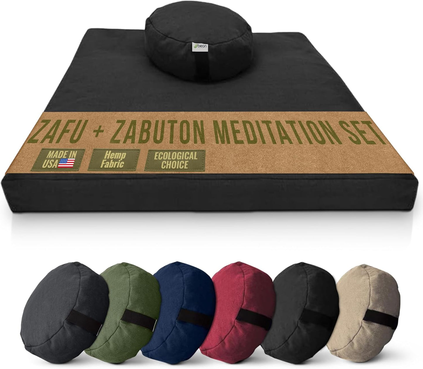 Meditation Cushion Mat Set HEMP - Large Oval Zafu Floor Pillow Organic Buckwheat Pillow + Cotton Filled HEMP Zabuton Prayer Pad - Meditation Pillow Yoga Knee Pad Made in USA - 18" Oval, NATURAL Hemp