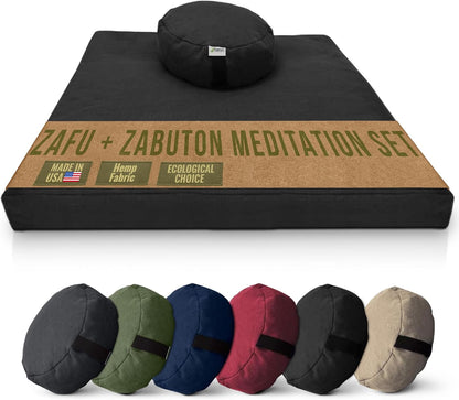 Meditation Cushion Mat Set HEMP - Large Oval Zafu Floor Pillow Organic Buckwheat Pillow + Cotton Filled HEMP Zabuton Prayer Pad - Meditation Pillow Yoga Knee Pad Made in USA - 18" Oval, NATURAL Hemp