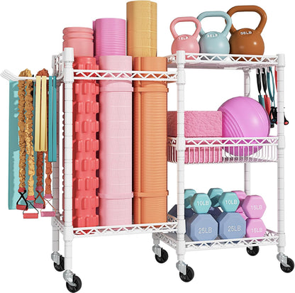 FUTASSI Home Gym Storage, 3 Tiers Workout Equipment Organizer with Wheels for Yoga Mats, Foam Roller, Dumbbells, Kettlebells, and Resistance Bands