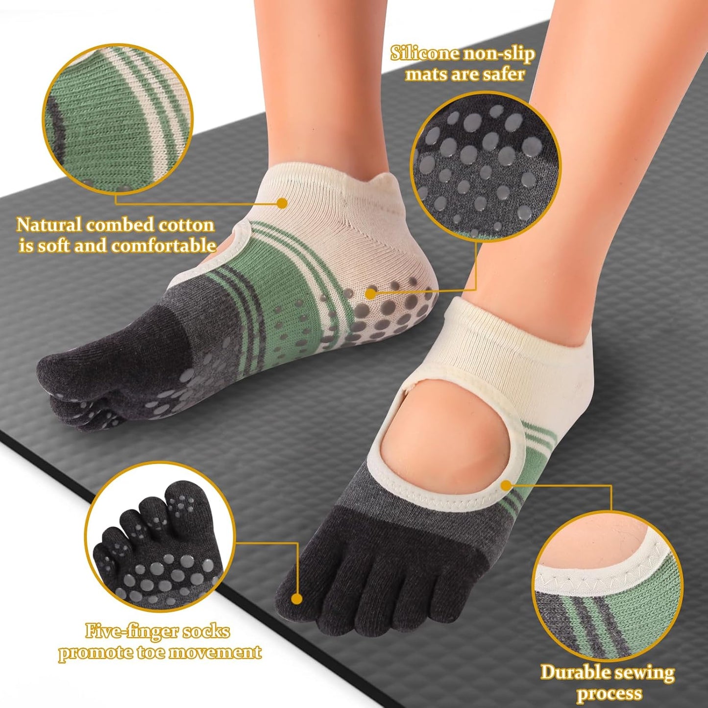 Pilates Socks with Grips for Women,Yoga Socks, Non-Slip Yoga Sock with Toe Separators, Pilates Non Slip Sock