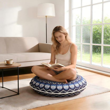LOVMOC 32 Inch Round Floor Pillow for Adults, Large Thick Memory Foam Boho Mandala Meditation Floor Seating Cushion, Machine Washable for Living Room Outdoor Yoga Floor Sitting, Navy Blue