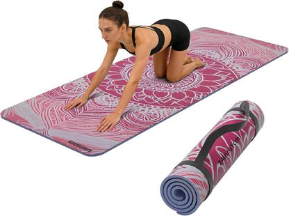Printed Yoga Mat 72" x 24" Thick 6mm Non-Slip Fitness Exercise Exercise Mat with Strap for Women Men Yoga Pilates Workout Gym Floor Workout (Blue Lotus Flower)