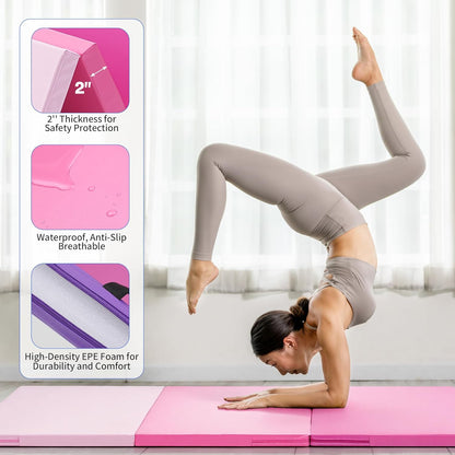 Outdoor Basic 6'x3'x2'' Gymnastics Mats Portable 4-Fold Tumbling Mat Thick Yoga Mat with PU Leather & Carry Handle for Home Workout, Yoga, MMA Core Training, Pilates