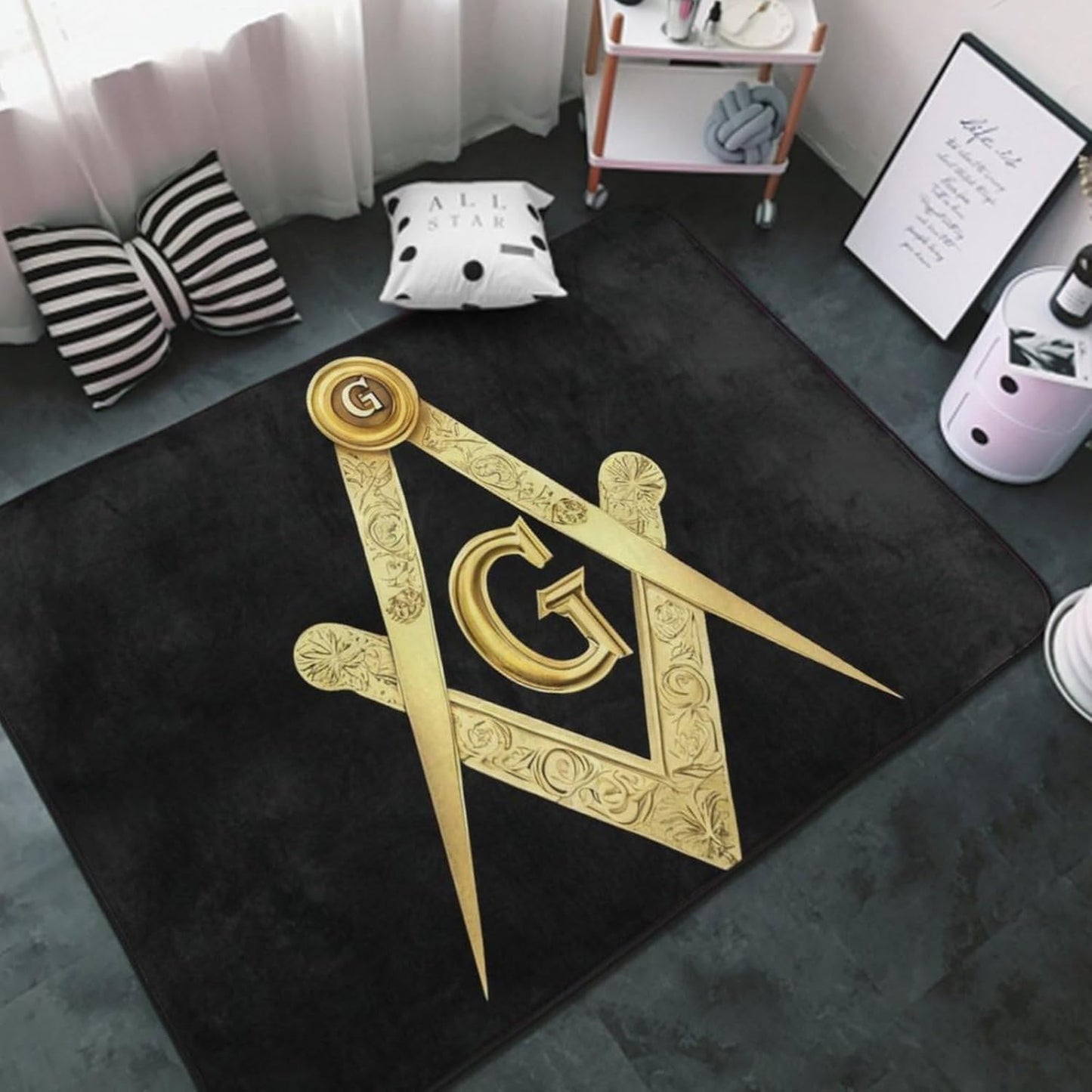 Comfortable Memory Foam Area Rugs with Anti-Skid Rubber Backing, Gold Freemason Freemasonry Masonic Yoga Mat Indoor Entryway Mat for Bedroom Livingroom Sitting Room Home Art