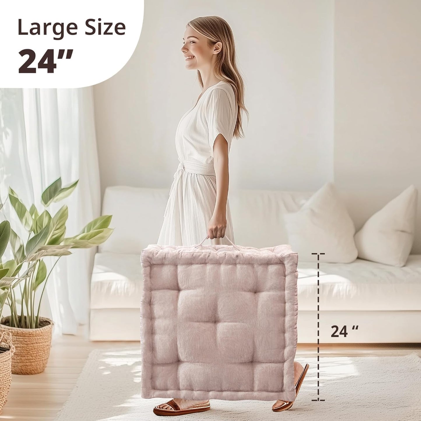 Intelligent Design Large Floor Pillow for Adults Yoga or Meditation Cushion with Handle, Floor Cushion for Board Games, Lustrous Chenille Tufted, Handsewn Scalloped Edge, Azza, 24" x 24" x 5" Yellow