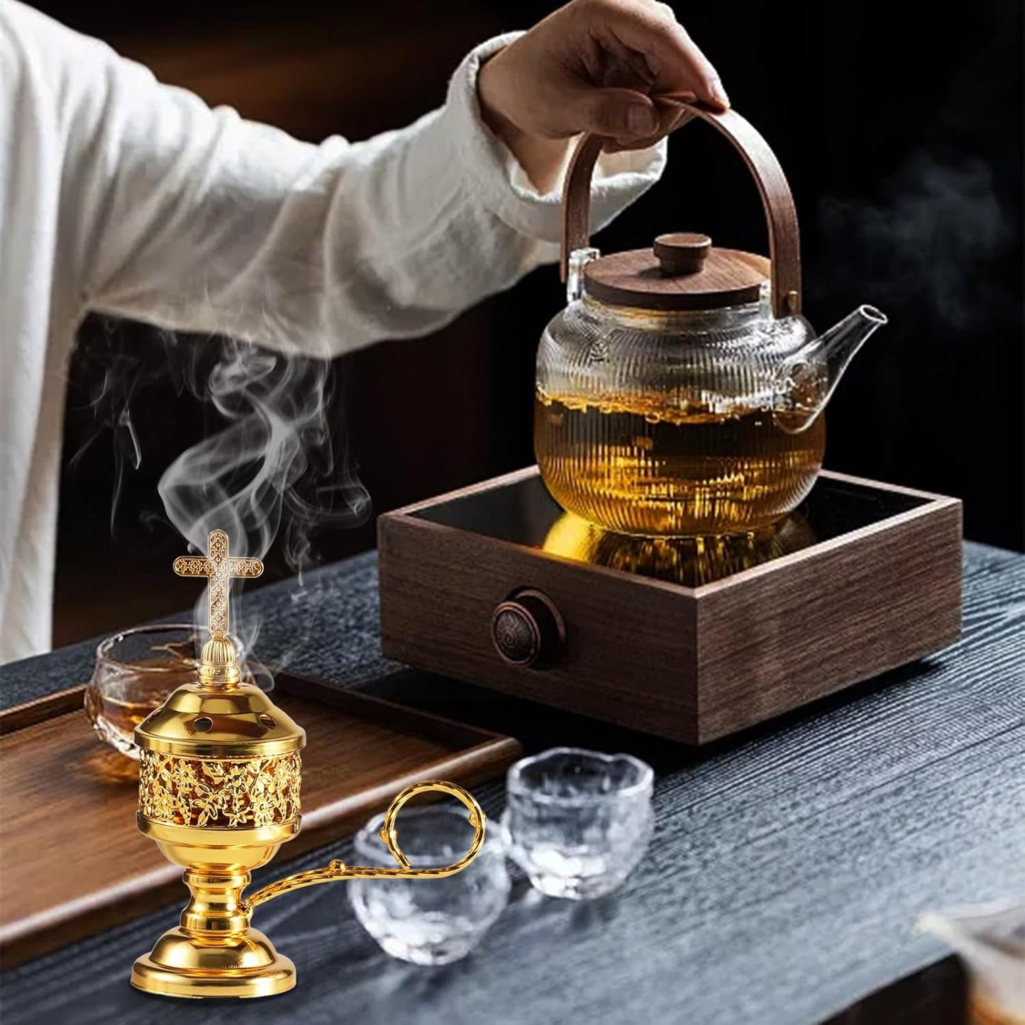 Gold Incense Burner with Tong – Frankincense Charcoal Incense Stand Aromatherapy, Yoga, Spa, Home Decor, and Church Use – Compact & Durable Bakhoor Holder