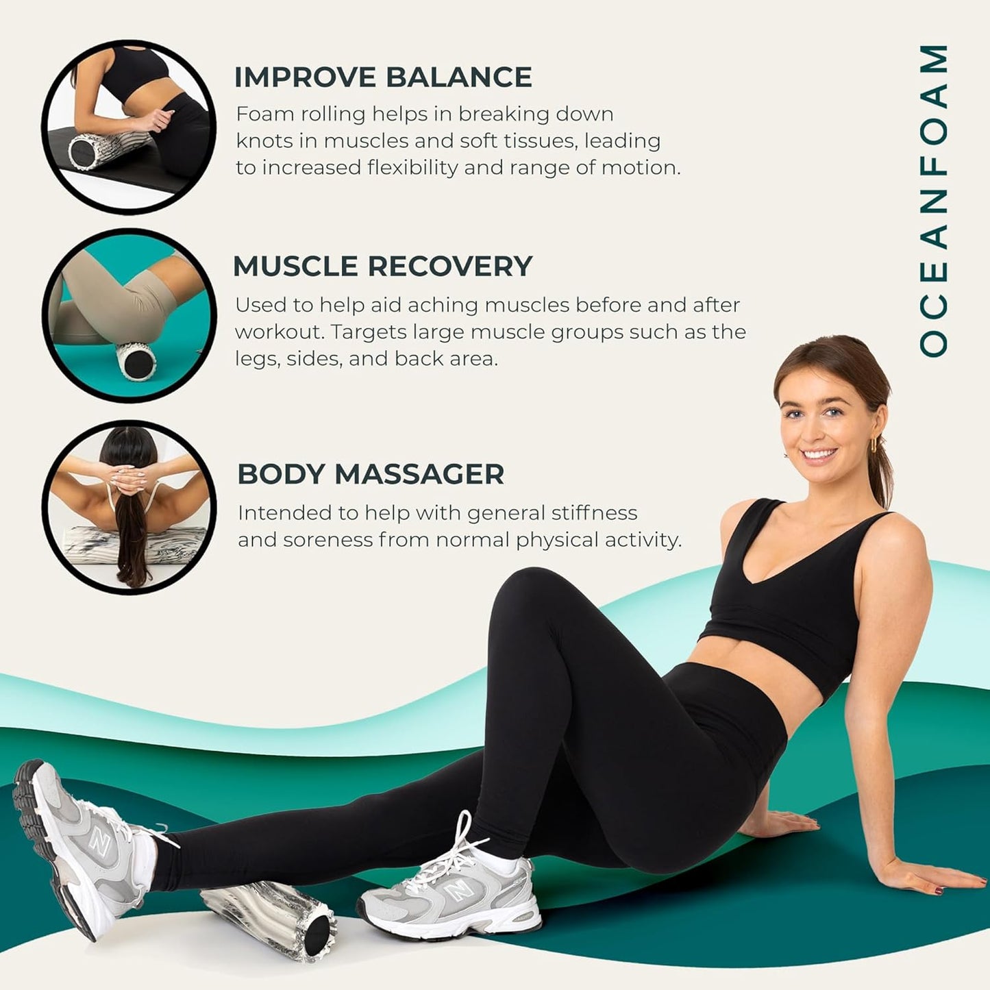 Oceanfoam Ripple Travel Foam Roller (11" x 3.35") Firm Mini Foam Roller for Physical Therapy, Deep Tissue Massage, Back Pain - High Density, Ergonomic Wave Textured - Yoga, Pilates, Exercise (Natural) - Colors A
