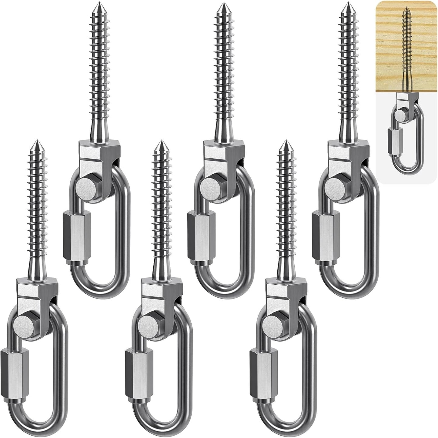 SELEWARE Heavy Duty 180° Swing Hangers, Stainless Steel Eye Screw Bracket, 1800 LB Capacity Playground Yoga Hammock Rope Tire Web Chair Sandbag Punching Bag Porch Swing Sets (6 Pack)