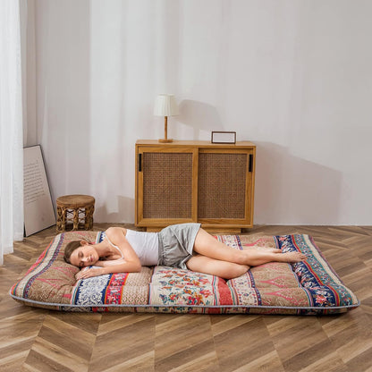 MAXYOYO Bohemian Retro Mattress Boho Floral Japanese Futon Mattress Tatami Floor Mat Foldable Portable Camping, Sleeping Pad, Lounger Couch Bed Full Size
