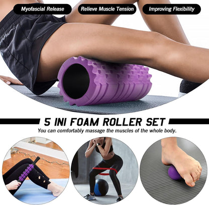 JOYENERGY 5 in 1 Foam Roller Set High Density Foam Roller Patented, Massage Stick, Massage Ball, Resistance Band for Deep Muscle Massage Pilates Yoga, Fitness for Trigger Point Release