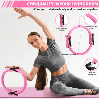 RoundFunny Set of 18 Pilates Ring Essential Kit for Women Pilates Ring and Ball Ankle Resistance Band Yoga Strap Socks Mat Arm Stretcher Latex Tube Gym Back Bag Exercise Equipment for Workout