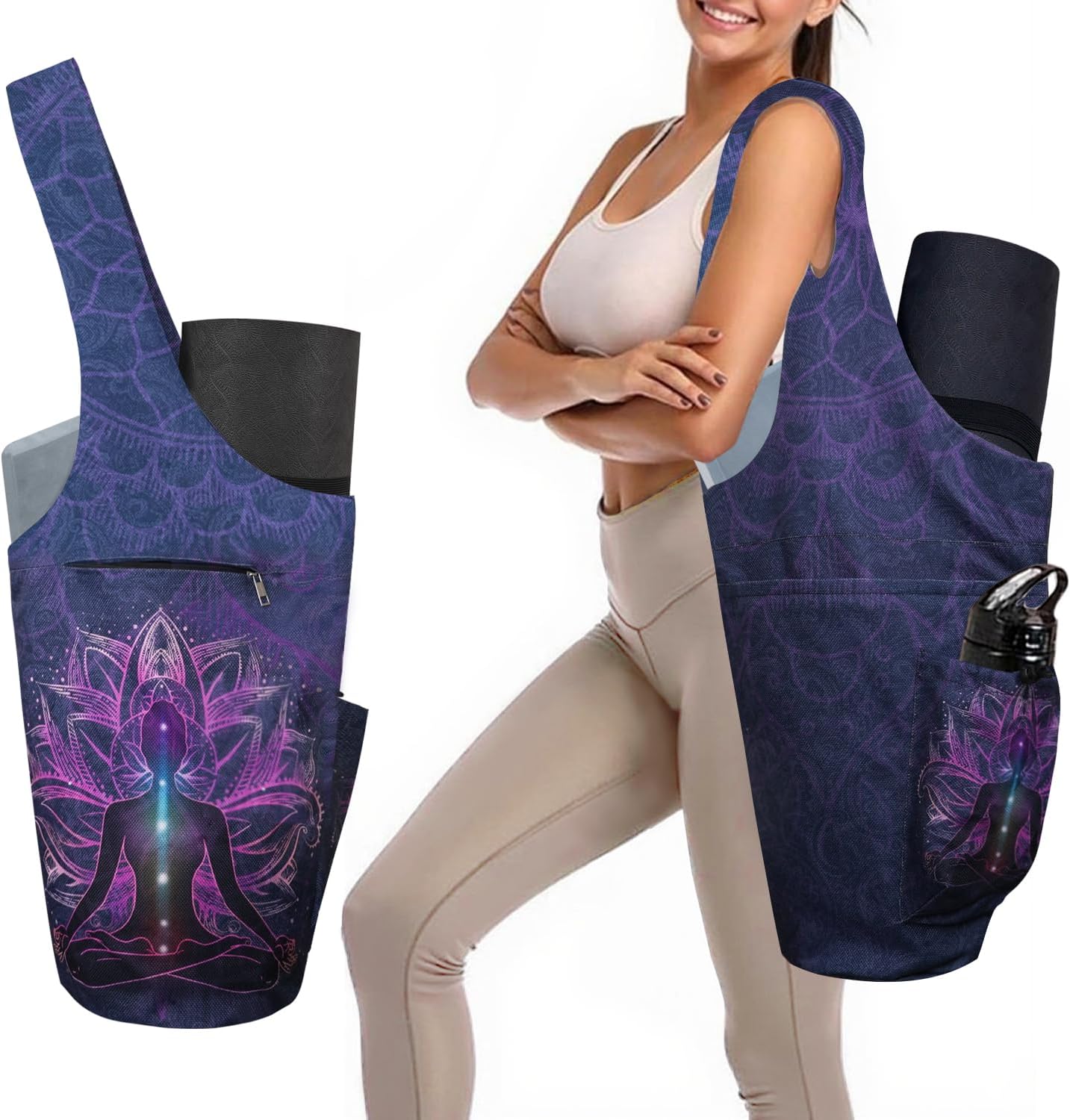 Yoga Mat Bag Carrier for Women Workout Large Waterproof with Zipper Pocket, Keychain and Wide Shoulder Straps