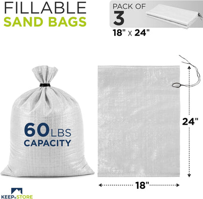 Heavy Duty Sand Bags Pack of 3, White Empty Sandbags with Built-In Ties, Woven Polypropylene UV Protection 1600 Hours, Fillable Sand Bags for Flood Control, Weight, 10x14 inches, 15 Pounds Volume