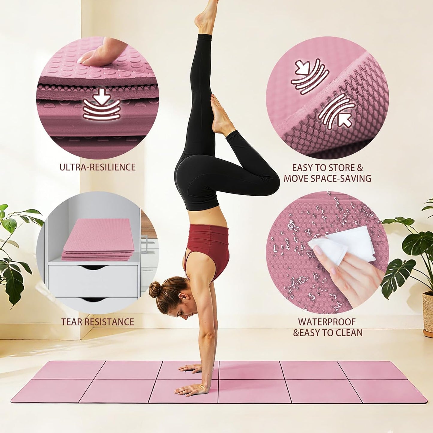Foldable Yoga Mat Thick Non-Slip Exercise Mat - Packable Travel Fitness Mat with Carrying Bag for Yoga, Pilates, Workout, Home & Gym