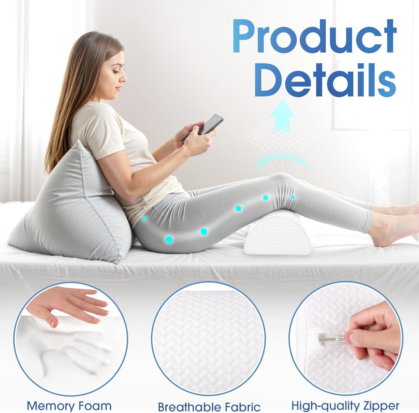 TranquilRelax Knee Pillow for Back Sleeping Memory Foam Half Moon Bolster Pillow for Legs, Under Knee Support, Ankle & Foot Comfort Orthopedic Pillow for Side Sleepers (Grey, 20.4" x 8" x 4.9")
