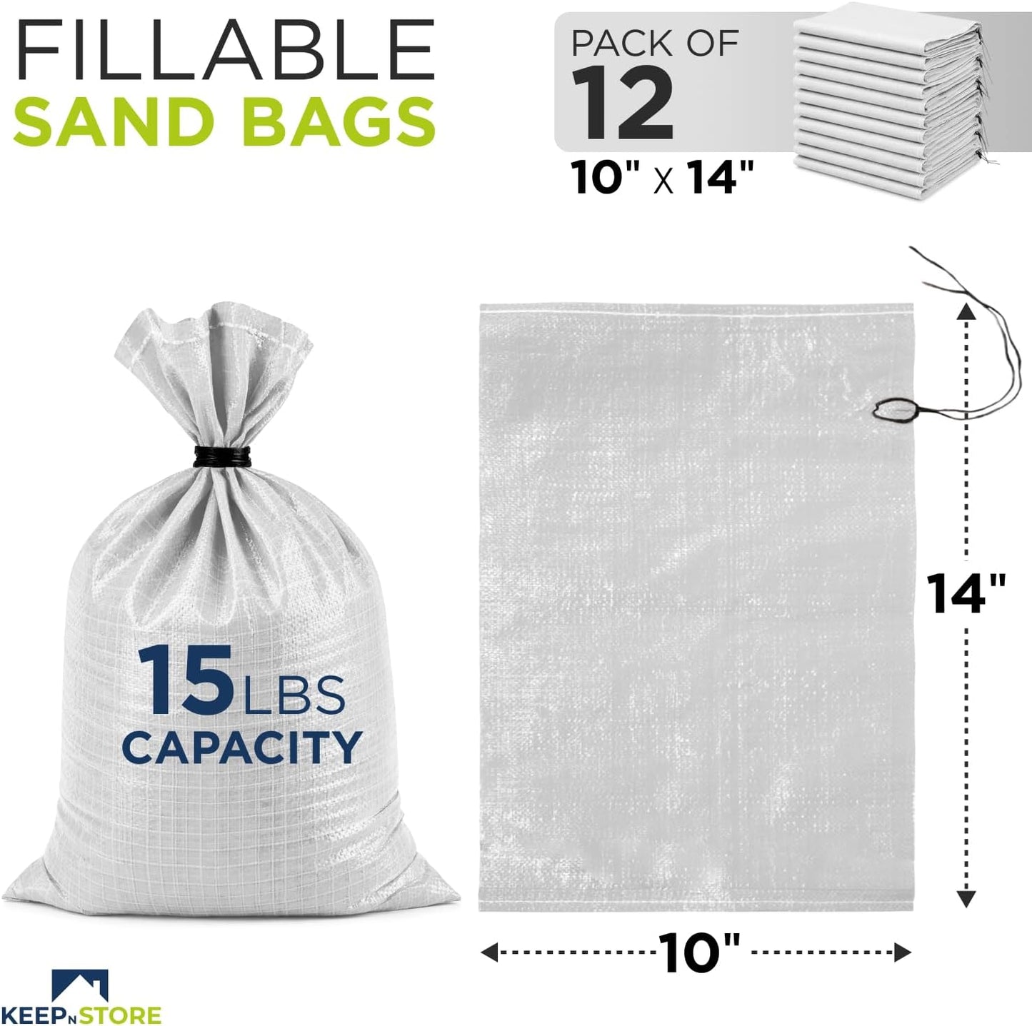 Heavy Duty Sand Bags Pack of 3, White Empty Sandbags with Built-In Ties, Woven Polypropylene UV Protection 1600 Hours, Fillable Sand Bags for Flood Control, Weight, 10x14 inches, 15 Pounds Volume