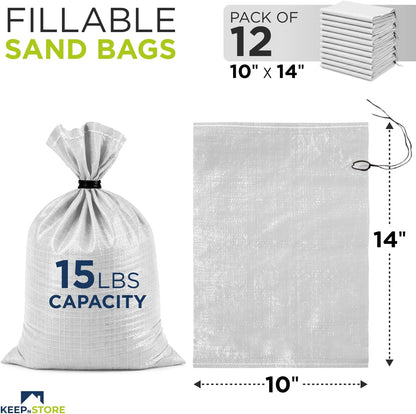 Heavy Duty Sand Bags Pack of 3, White Empty Sandbags with Built-In Ties, Woven Polypropylene UV Protection 1600 Hours, Fillable Sand Bags for Flood Control, Weight, 10x14 inches, 15 Pounds Volume